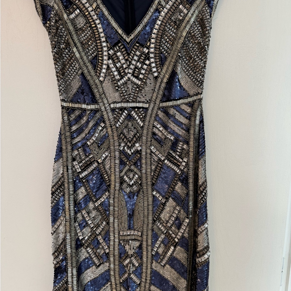 LARA Blue and Silver Embellished Sheath Dress V-Neck Cocktail